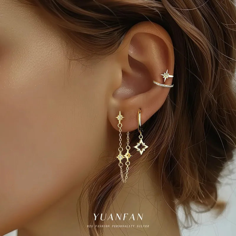 Aretes Plata Ley 925 Estilo Simple Patrón Estrella y Circón