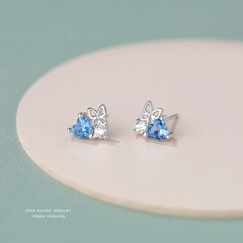 Pendientes Plata Ley 925 Forma de Corazón Azul con Circonita, Chapado Platino