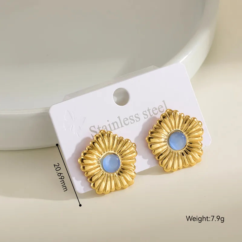 Aretes de flor con piedra ojo de gato azul, acero 304 dorado