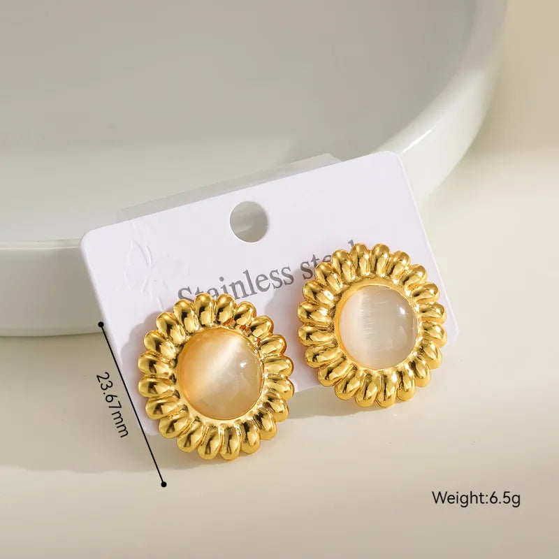 Aretes de flor con piedra ojo de gato crema, acero 304 dorado