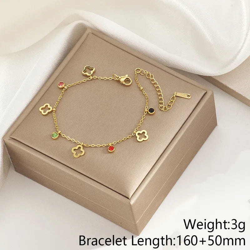 Pulsera con dijes de trébol y piedras de colores, acero 304 dorado